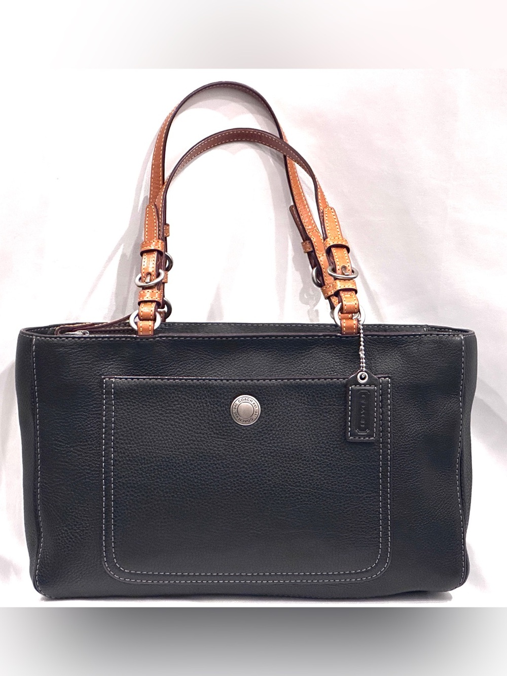 Coach Black Leather Shoulder Bag with Tan Handles